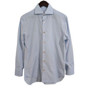 Kiton Napoli Men’s Dress Shirt 15.5 Blue White Gingham Check 100% Cotton Luxury